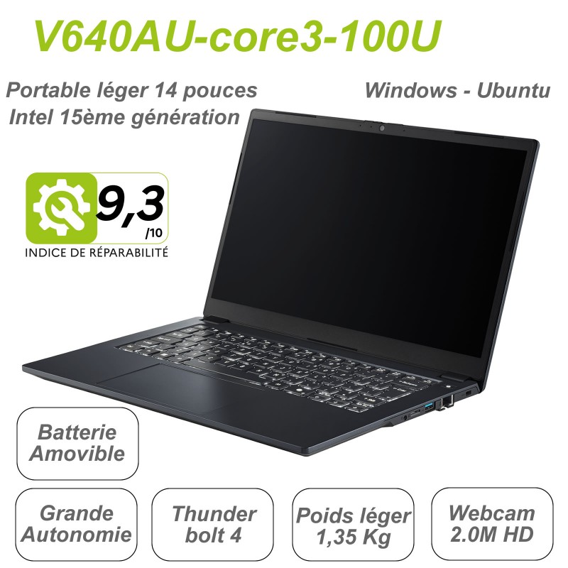 Portable 14 pouces V640AU grande autonomie, batterie amovible, clavier éclairé blanc, Intel 15ème génération