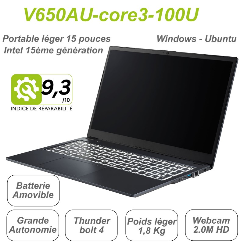 Portable 15 pouces V650AU grande autonomie, batterie amovible, clavier éclairé blanc, Intel 15ème génération