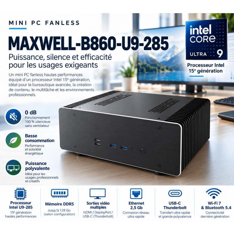MAXWELL-B860-U9-285 CPU 15ème génération - fanless - ultra silencieux