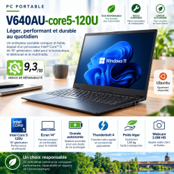 Portable 14 pouces V640AU grande autonomie, batterie amovible, clavier éclairé blanc, Intel 15ème génération