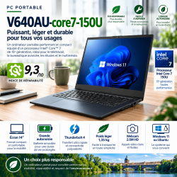 Portable 14 pouces V640AU grande autonomie, batterie amovible, clavier éclairé blanc, Intel 15ème génération