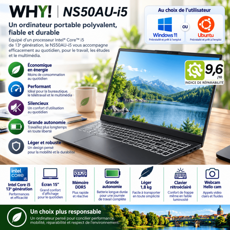 Pc portable 5,6" NS50AU Intel core i5 1335U léger et ultra réparable