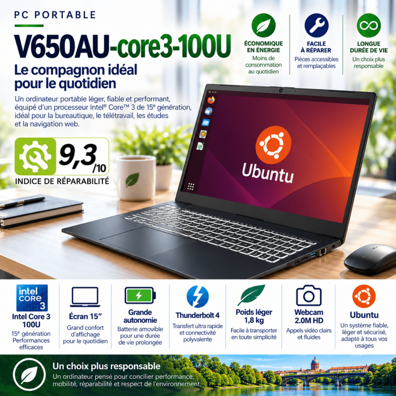 PC portable V650AU Intel Core 3 100U, écran 15 pouces Full HD