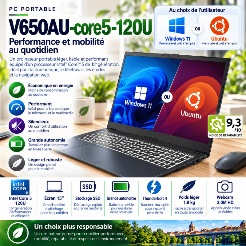 PC portable V650AU Intel Core 5 120U, écran 15 pouces Full HD