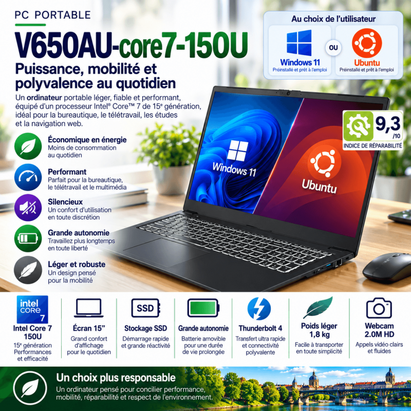 PC portable V650AU Intel Core 7 150U, écran 15 pouces Full HD
