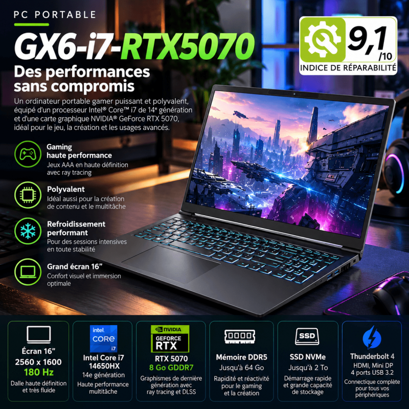 PC portable gamer GX6-i7-RTX5070, écran 16 pouces WQXGA