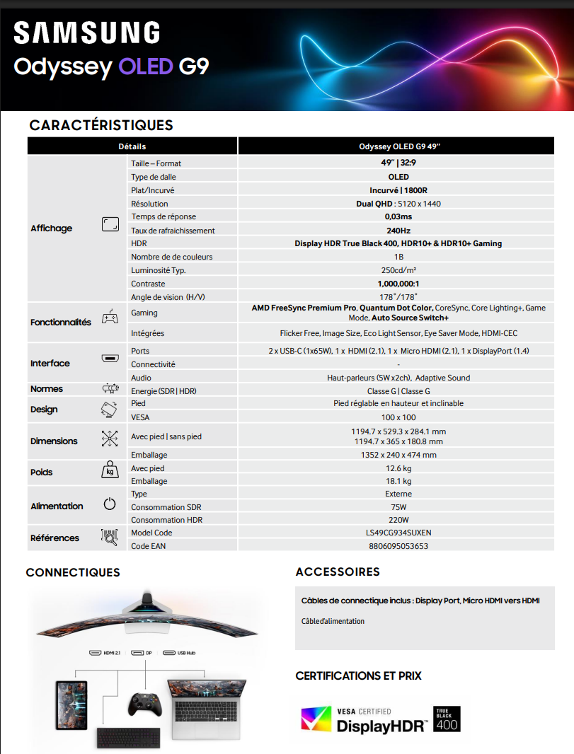 Ecran PC Gamer SAMSUNG ODYSSEY OLED G9 G93SC Incurvé 49''